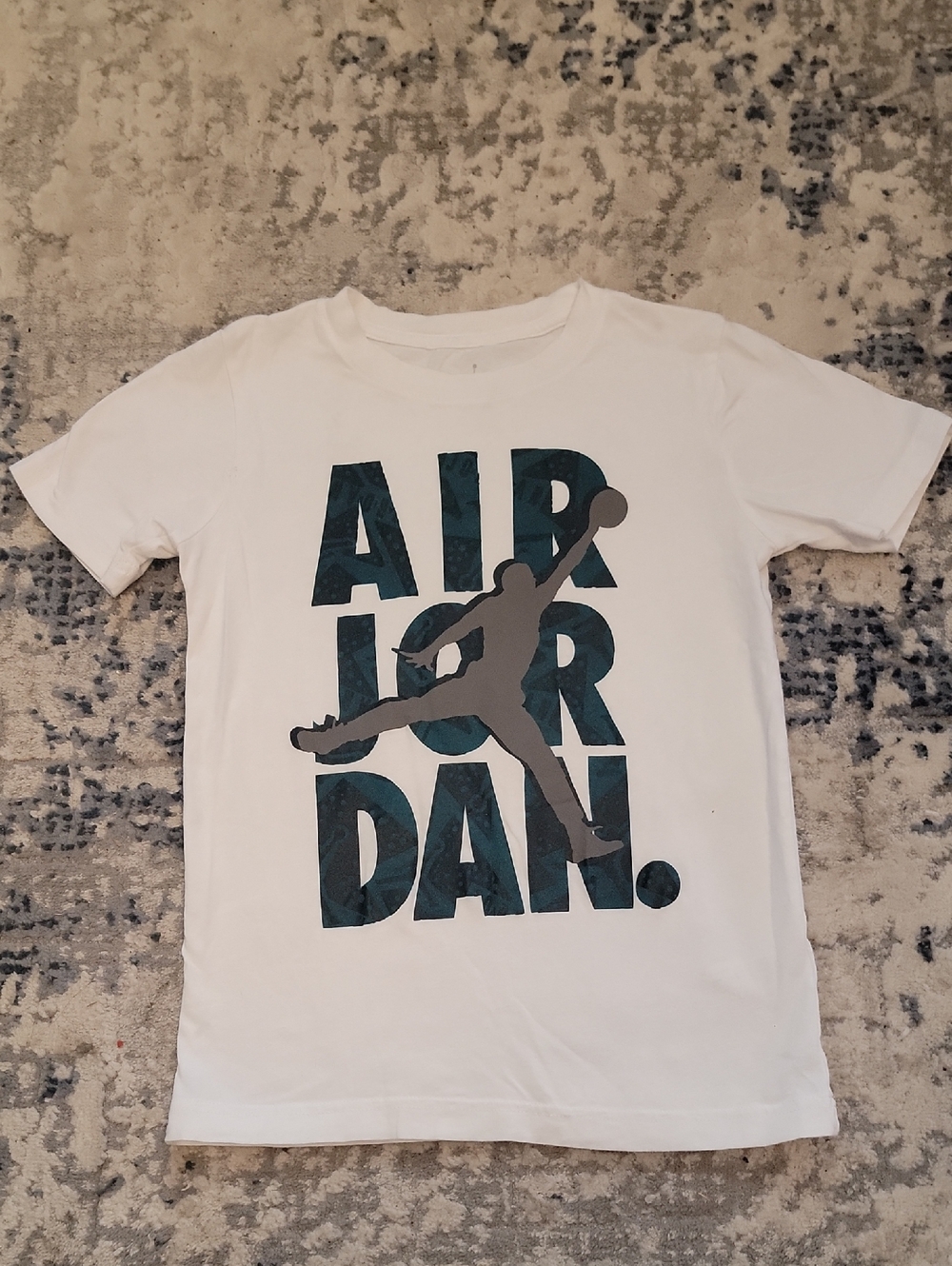 Jordan White Tee with Teal Logo and Gray Jumpman